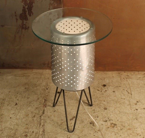 upcycled washing machine drum illuminated coffee table by Conant Metal and Light