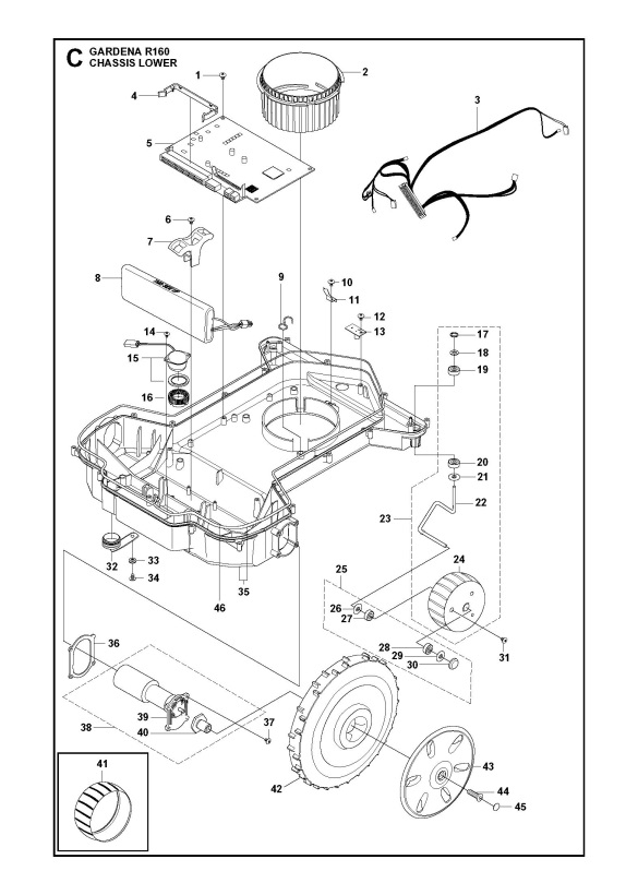 Gardena R160 (201306) Robotic Lawnmower CHASSIS LOWER Spare Parts Diagram