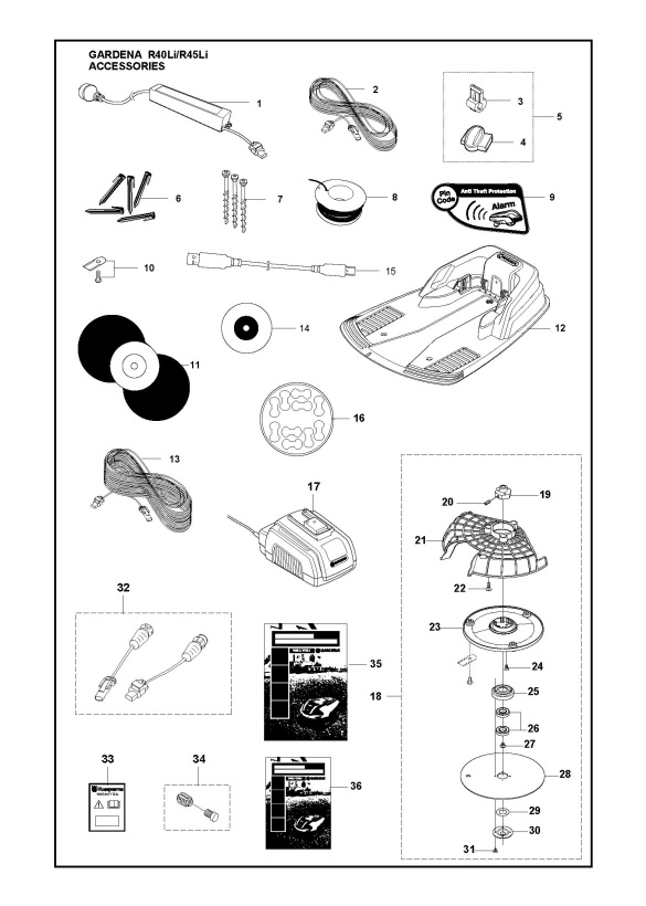 Gardena R40Li (2014) Robotic Lawnmower ACCESSORIES Spare Parts Diagram