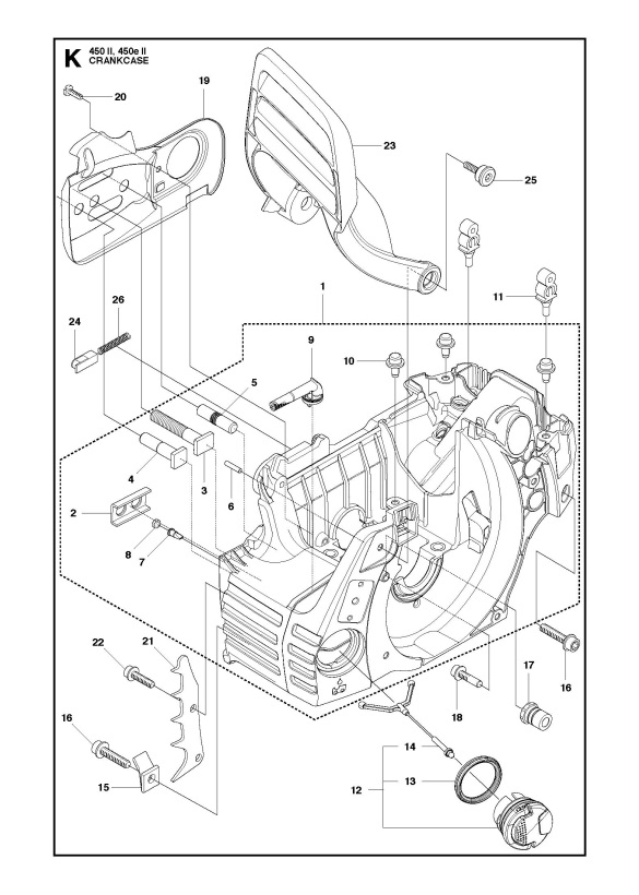 Husqvarna 450 e II Chainsaw CRANKCASE Spare Parts Diagram