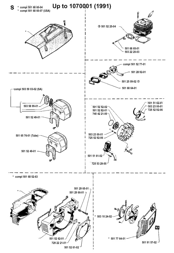 Husqvarna 61 (199103) Chainsaw SERVICE UPDATES Spare Parts Diagram