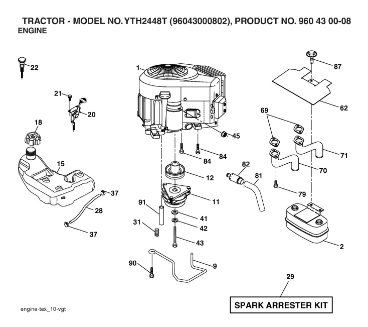 Husqvarna Yth2448 T 960430008 Ride On Mower Engine Spare Parts Diagram