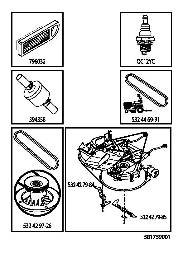 McCulloch M12597TC (96051009700) Ride On Mower FREQUENTLY USED PARTS